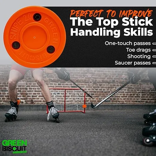 Green Biscuit Orange New Snipe 2.0 Shooter 4 Pack/NHL Puck/GB Sticker