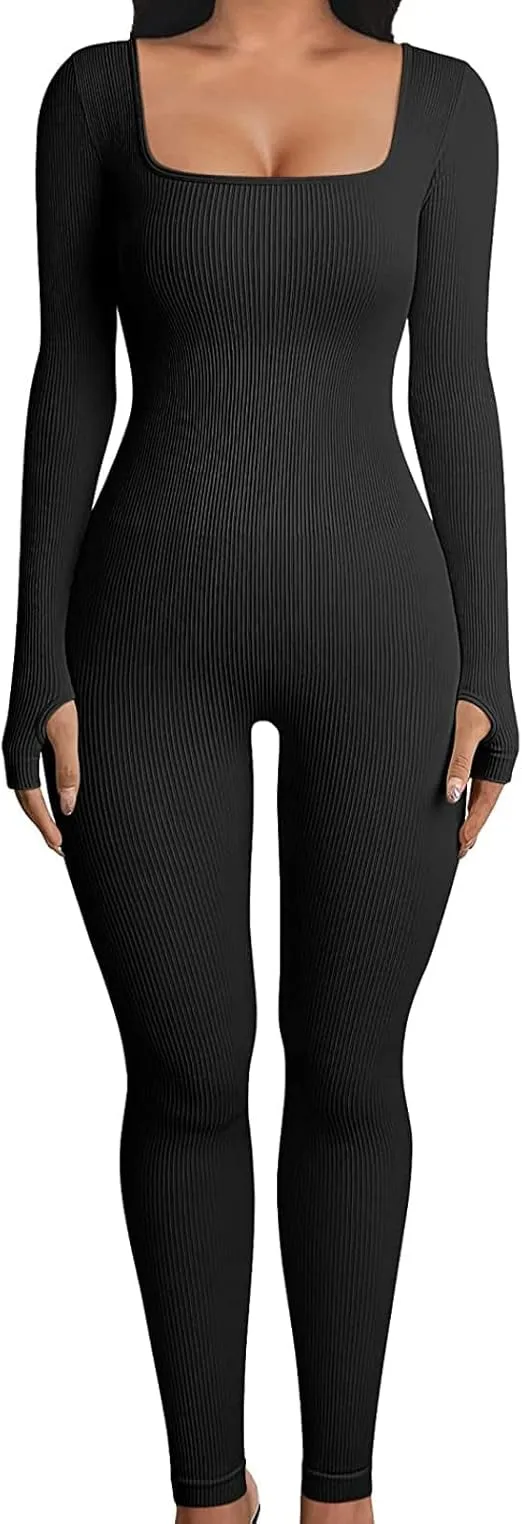 Women Sexy Ribbed Knit Yoga Sport Jumpsuits Bodycon Long Sleeve Square Neck One Piece Romper Workout Playsuit