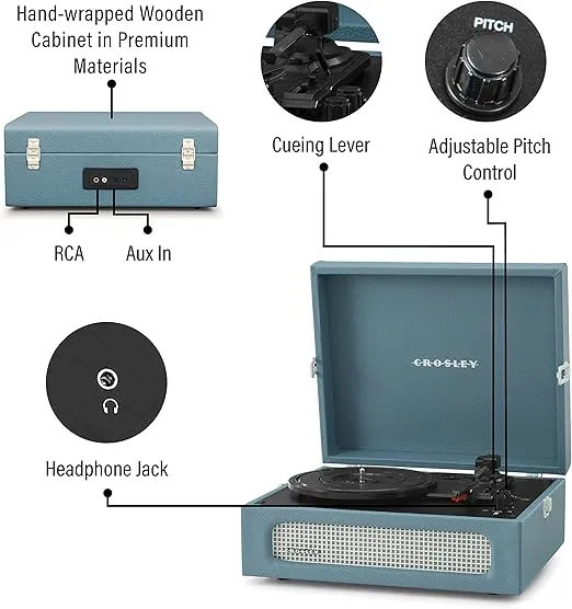 Crosley CR8017B-WB Voyager Vintage Portable Vinyl Record Player Turntable with Bluetooth in/Out and Built-in Speakers, Washed Blue