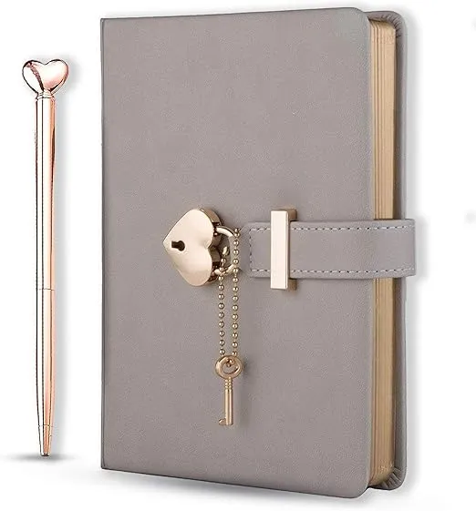 Heart Shaped Lock Diary with Key PU Leather Cover Journal Personal Organizers Secret Notebook for Girls & Women B6 Size 5.3x7inch Diary with Rose Gold Metal Ballpoint Pen (Grey)