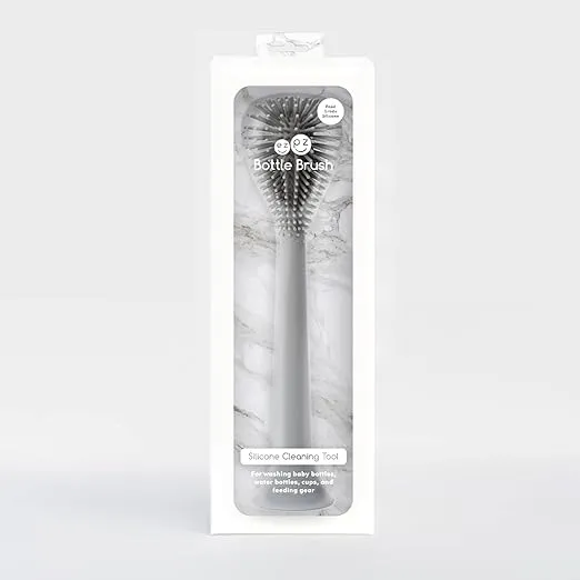 ezpz Bottle Brush (Gray) - Silicone Bottle Cleaning Tool with Long Sturdy Handle, Flexible Top for Tight Spaces - Gently Cleans Cups, Glasses, Bottles and Accessories - Suction Base, BPA-Free