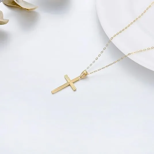 14K Solid Gold Cross Necklace for Women, Real Gold Italian Diamond-cut Cross Pendant Necklace Blessed Valentines Day Gifts Jewelry for Her, Mom, Wife, 16"-18"