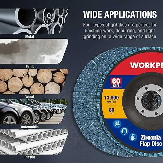 WORKPRO 10-Pack Flap Discs, 4-1/2-inch, Arbor Size 7/8-inch, T29 Zirconia Abrasive Grinding Wheel and Flap Sanding Disc, Includes 60 Grits