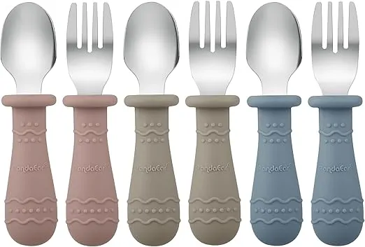 PandaEar Toddler Utensils, 6 Pack Kids Spoons and Forks, 18/8 Stainless Steel & Food Grade Silicone Children Silverware Set, Dishwasher Safe (Blue/Brown/Red)