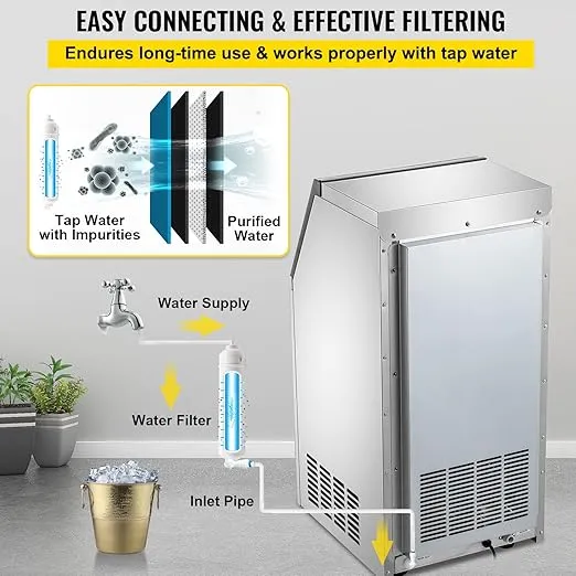 Happybuy 110V Commercial Ice Maker Machine, 120LBS/24H Stainless Steel Ice Maker Machine 22lbs Storage Automatic Ice Machine for Home Restaurant Bar Cafe, Scoop and Connection Hoses Included