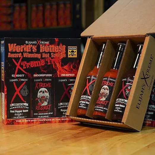 Elijah's Xtreme Trio Hottest Hot Sauce Variety Pack Includes Xtreme Regret Carolina Reaper Hot Sauce, Ghost Pepper Sauce & Sweet Reaper Hot Sauces - Gluten Free & Vegan - Father's Day Gift Set