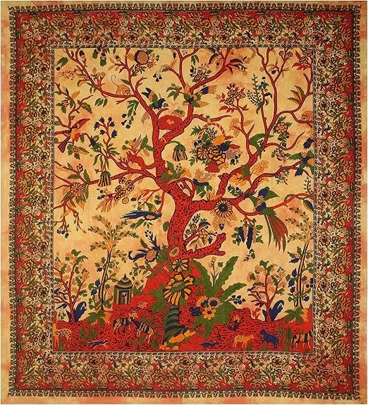 THE ART BOX STORE Yellow Orange Tree of Life Wall Hanging Tapestry for Bedroom (Full, 85x90 Inch) Indian Decor Cotton Mandala Bohemian Hippie Bedspread Picnic Nature Forest Tapestries
