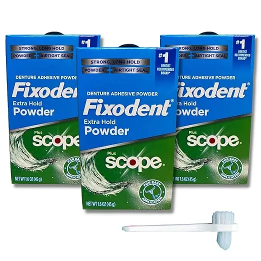Fixodent Extra Hold Powder Plus Scope Denture Adhesive Strong 1.6oz Pack of 3 (3 Items), 818-0556
