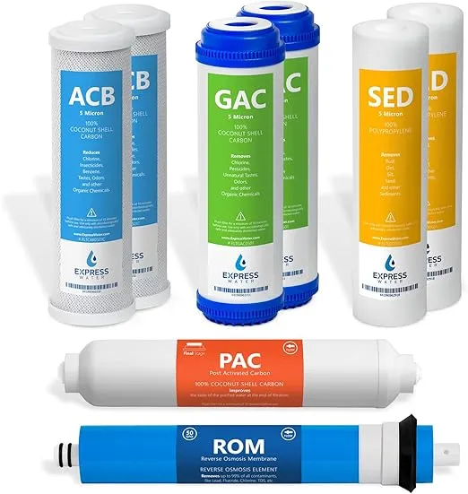 Express Water – 1 Year Reverse Osmosis System Replacement Filter Set – 8 Filters with 50 GPD RO Membrane, Carbon GAC, ACB, PAC Filters, Sediment SED Filters – 10 inch Size Water Filters…