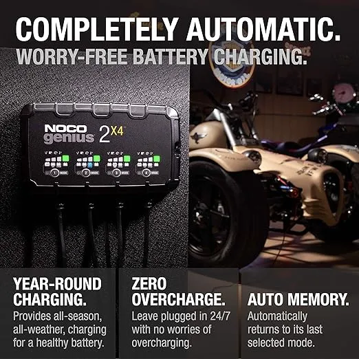 NOCO GENIUS2X4, 4-Bank, 8A (2A/Bank) Smart Car Battery Charger, 6V/12V Automotive Charger, Battery Maintainer, Trickle Charger, Float Charger and Desulfator for Motorcycle, ATV and Lithium Batteries