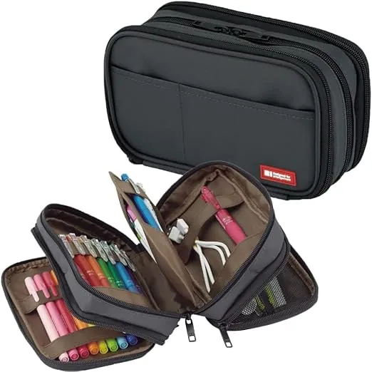 LIHIT LAB Large Capacity Triple Zipper Pencil Case For School Office College, Big Capacity 8 Compartments Pencil Bag Holder Adults Teen Boys Girls, Travel Cosmetics Storage, Black (A7556-24)
