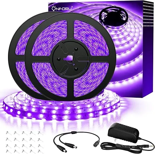 Onforu 65.6ft LED Black Light Strip, 1200 Units Lamp Beads, 12V Flexible Blacklight Fixtures, 20m LED Ribbon, Non-Waterproof Black Lights for Glow Party, Indoor Birthday Halloween Party, Body Paint