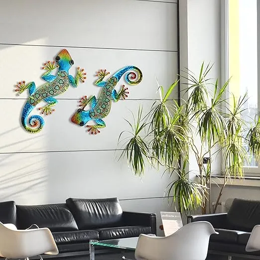 HONGLAND 2Pcs Metal Gecko Wall Decor Lizard Garden Art Color Hanging Glass Sculpture for Indoor Outdoor Patio Fence (Symphony)