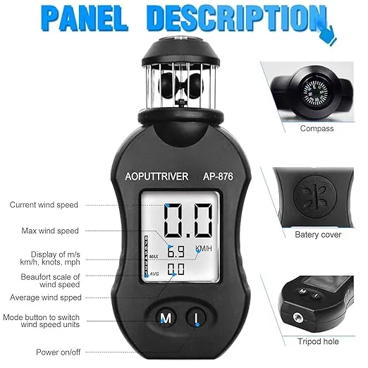 Pocket Anemometer Handheld, AP-876 Wind Cup Anemometer Air Speed Meter Digital Anemometer for Measuring Air Speed Air Volume for HVAC Vents Boat Sailing Shooting