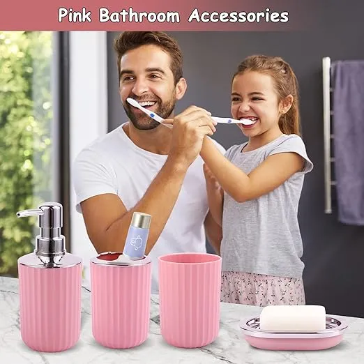 9PCS Pink Bathroom Accessories Set, Complete with Trash Can, Vanity Tray, Soap Dispenser, Soap Dish, Toothbrush Holder, Toothbrush Cup, Toilet Brush and Qtip Holders