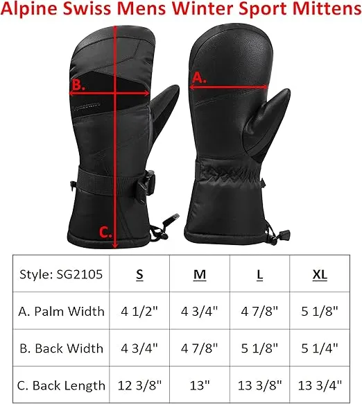 Alpine Swiss Mens Waterproof Gauntlet Ski Mittens Winter Sport Gloves Snowboarding Windproof Warm 3M Thinsulate