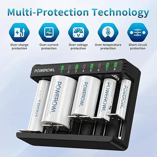 POWEROWL 8 Bay AA AAA C D Battery Charger, USB High-Speed Charging, Independent Slot, for Ni-MH Ni-CD Rechargeable Batteries…