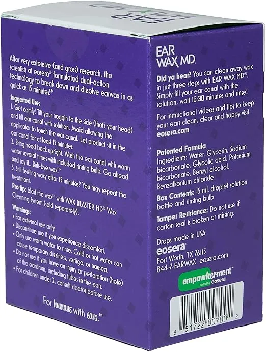 eosera® EAR WAX MD® Kit - Fast-Acting Ear Wax Removal Drops, 15mL and Rinsing Bulb Kit | Breaks Down & Dissolves Wax in One Treatment | Clinically Proven, Gentle & Safe | Doctor-Recommended I Age 2+