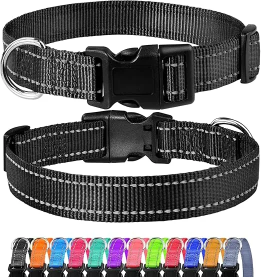 FunTags Reflective Dog Collar, Sturdy Nylon Collars for Puppy and Extra Small Girl and Boy Dogs, Adjustable Dog Collar with Quick Release Buckle,Black,3/8" Width