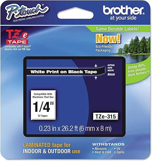 Brother Genuine P-Touch TZE-315 Tape, 1/4" (0.23") Wide Standard Laminated Tape, White on Black, Laminated for Indoor or Outdoor Use, Water-Resistant, 0.23" x 26.2' (6mm x 8M), Single-Pack, TZE315