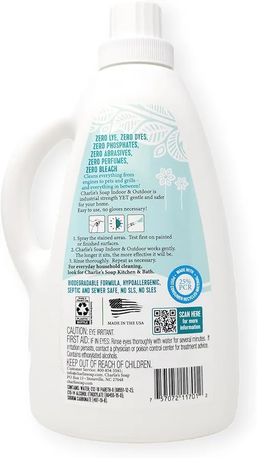 Charlie's Soap Indoor & Outdoor Surface Cleaner Refill (107 Fl. Oz.) Biodegradable Natural Outdoor Cleaning Spray – Safe for Indoor Use (2 Pack - One 32oz Sprayer and One 75oz Refill)