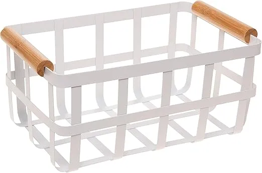 Simplify Rectangular Metal Storage Basket with Bamboo Handles | Large | Farmhouse Style Wire Basket | Home Organizer | Decorative | Rustic | White
