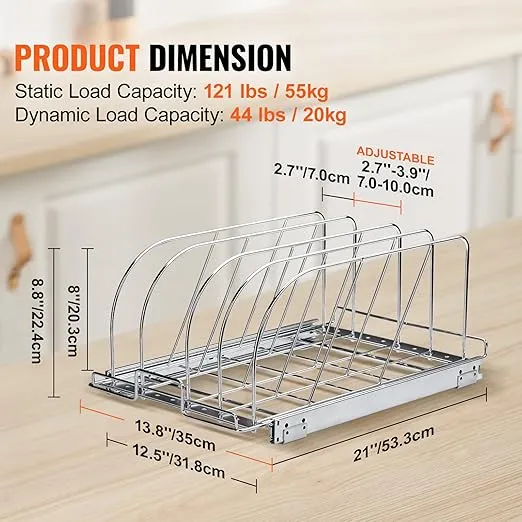VEVOR Pan and Pot Rack, Expandable Pull Out Under Cabinet Organizer, Cookie Sheet Baking Pans tray Organization, Adjustable Wire Dividers, Steel Lid Holder for Kitchen Cabinet & Pantry Storage, 13.8"W