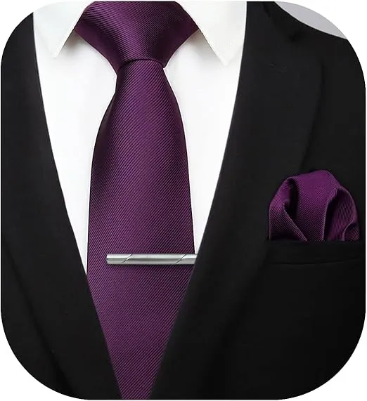 HISDERN Mens Ties Solid Color Wedding Ties and Pocket Square Neckties Clip Sets Business Formal Satin Ties for Men