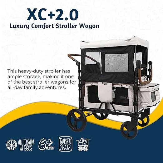 Keenz XC+ 2.0 - Luxury Comfort Stroller Wagon | Foldable 4 Passenger Quad Seater with Adjustable Canopy | Cream