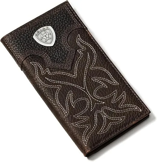 Ariat Men's Rodeo Wallet with Silver Shield Concho, Distressed Brown Top Grain Leather, Boot Stitching