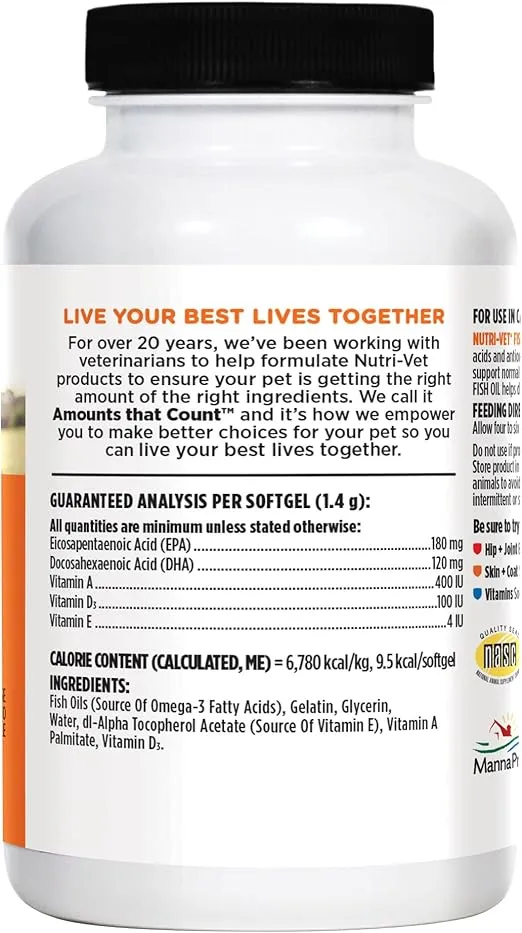 Nutri-Vet Fish Oil Supplements for Dogs - Skin and Coat Omega-3 Supplement - Dog Dry Skin & Dog Shedding Support - Soothe Dog Dandruff & Itchy Skin - Promoting Shiny Coat - 100 Count Softgels