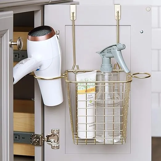 Spectrum Grid Hair Station, Over The Cabinet Door Steel Wire Bathroom Organizer Includes Holsters for Styling Tools & Blow Dryer Perfect for Hairbrushes & Flat Irons, Small, Gold