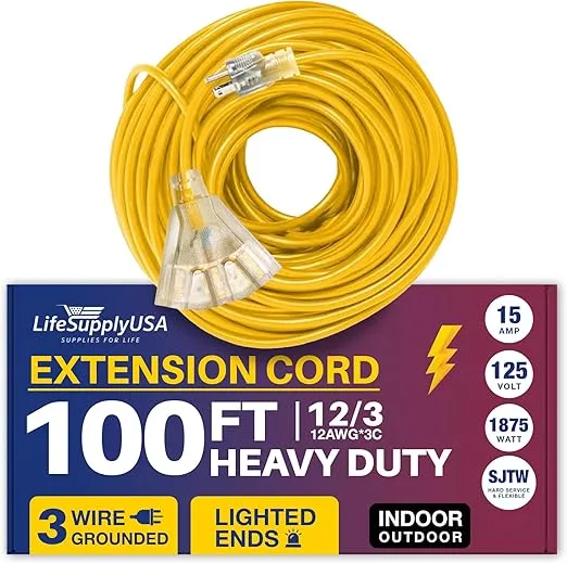 100ft Power Outdoor Extension Cord & Indoor - Waterproof Electric Drop Cord Cable - 3 Prong, 3-Outlet, SJTW, 12 Gauge, 15 AMP, 125 Volts, 1875 Watts, 12/3 by LifeSupplyUSA - Yellow (1 Pack)