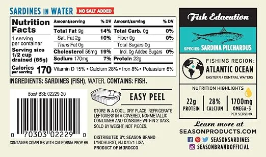 Season Sardines in Water - No Salt Added, Wild Caught, 22g of Protein, Keto Snacks, More Omega 3's Than Tuna, Kosher, High in Calcium, Canned Sardines - 4.37 Oz Tins, 12-Pack