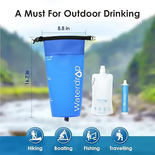 Waterdrop Gravity Water Filter Straw, Camping Water Filtration System, Water Purifier Survival for Travel, Backpacking and Emergency Preparedness, 1.5 gal Bag, 0.1 Micron, 5 Stage Filtration