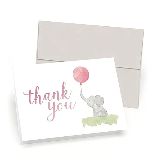 Baby Shower Thank You Cards (Set of 10 Cards + Envelopes) - Watercolor Elephant & Balloon - by Palmer Street Press (Pink)