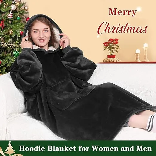 Waitu Oversized Sherpa Wearable Blanket Sweatshirt - Warm Body Blanket Robe with Sleeves and Pocket for Women and Men - Black