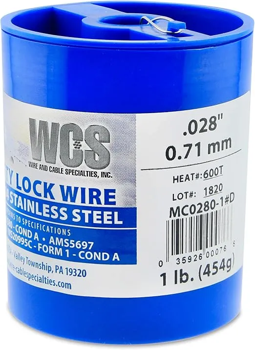 Lock Wire, T302/304 Stainless, NASM20995, MS20995C, ASTM A580 Cond A, AMS5697, 028 in (0.71 mm), 1 lb (0.45 kg) Dispenser Can, Approx. 474 ft (144 m)