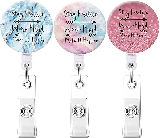 ID Badge Holder,Retractable Badge Reel with Alligator Clip Decorative Badge Clip for ID Card Holders Office Worker Doctor Nurse Teachers Students (Stay Positive 3pack)