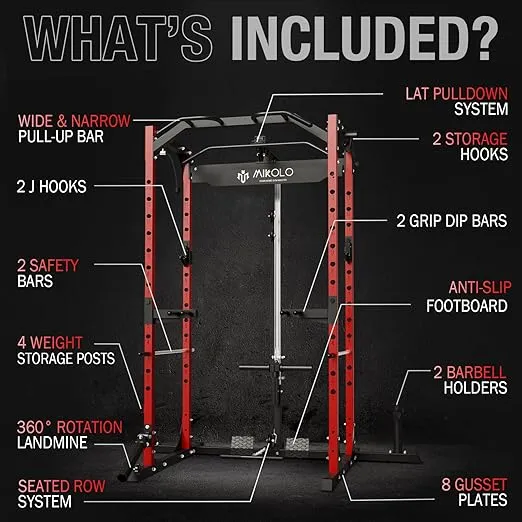 Mikolo Power Cage, Power Rack with LAT Pulldown, 1200 Pounds Capacity Workout Cage with More Training Attachments, Squat Rack for Home Gym, F4 Versions