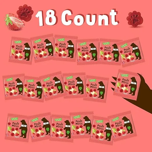 BEAR Real Fruit Snack Minis, Strawberry – (Pack of 18) – Bite Sized Snacks for Kids, Gluten Free, Vegan, Non GMO, 0.7 Oz