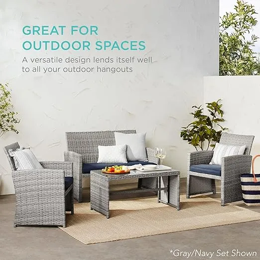 Best Choice Products 4-Piece Outdoor Wicker Patio Conversation Furniture Set for Backyard w/Coffee Table, Seat Cushions - Gray/Black