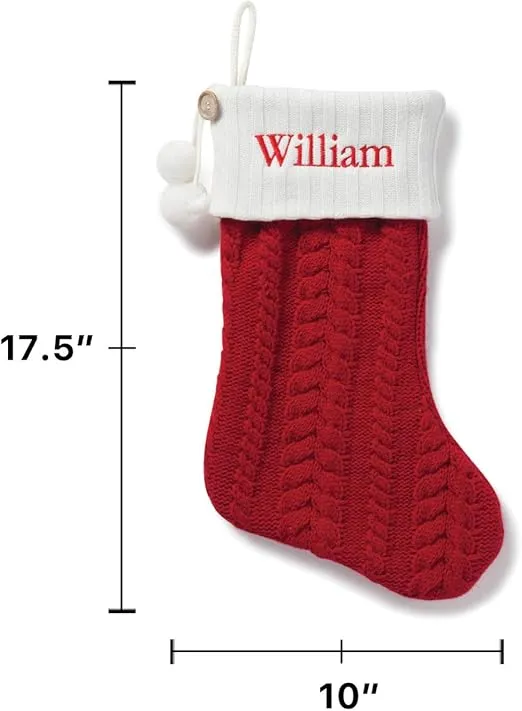 Personalized Planet Traditional Red Cable Knit Christmas Stocking with Custom Name Embroidery | White Cuff | Detailed with Button and Pom Pom Accents | Fun Festive Christmas Home Décor | Ready to Hang