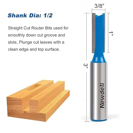 Straight Cut Router Bits, Newdeli 3pcs 1/2 Shank Double Flute Straight Router Bit Set Straight Dado Wood Milling Cutter with 1/4", 3/8", 1/2" (Dia.)