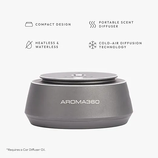 Aroma360 Smart Car Diffuser - Smart Aromatherapy Diffuser for Cars - Portable Air Diffuser - Air Freshener Diffuser for Car That Detects When Car is On - Smart Car Accessories - Silver