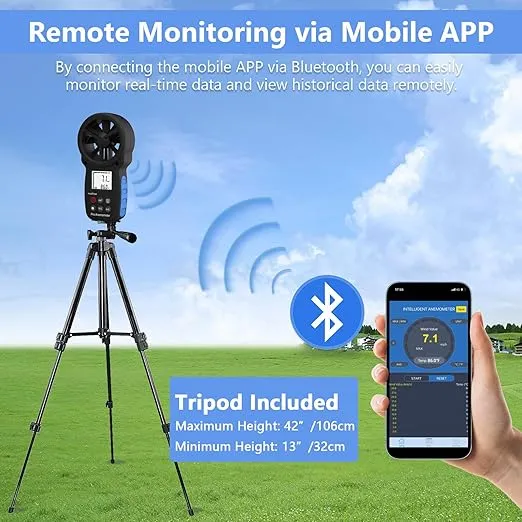 HoldPeak Handheld Anemometer Bluetooth with Tripod, Digital Wind Speed Gauge Meter, Air Flow Velocity Temperature CFM Measuring Device for HVAC Outdoor Sailing Shooting Golf, 866B-APP