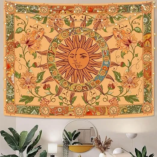 Kanuyee Yellow Sun and Moon Tapestry Vintage Indie Boho Tapestry Wall Hanging with Sunflowers Butterfly Moth Constellation Aesthetic Wall Tapestries for Room Decor (35''high × 47''wide)