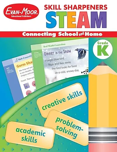 Evan-Moor Skill Sharpeners STEAM Workbook, Kindergarten, Science, Technology, Engineering, Art, Math, Hands On Activities, Helping Others, Collaboration, Solve Real World Problems, Puzzles, Homeschool