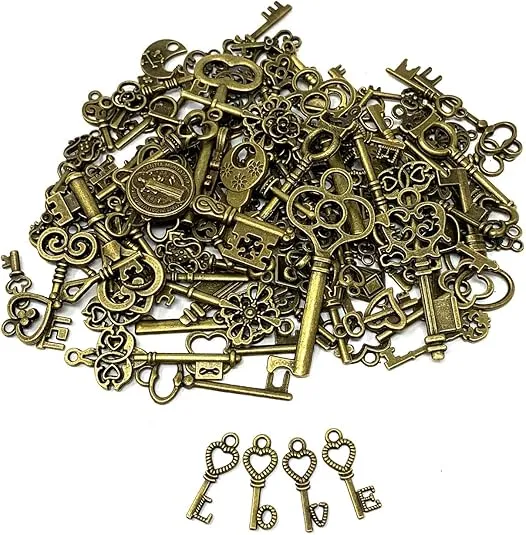 125 PCS Vintage Skeleton Key Set Charms, JIALEEY Mixed Antique Style Bronze Brass for Pendant DIY Jewelry Making Wedding Party Favors