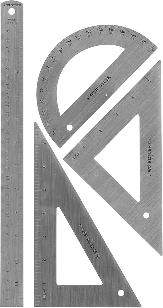 Staedtler Stainless Steel Math Set with Ruler, 2 Triangles, Protractor, 4 piece, 566 32BK